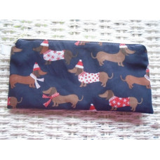 Blue Winter Sausage Dog Pencil Case Or Small Make Up Bag 